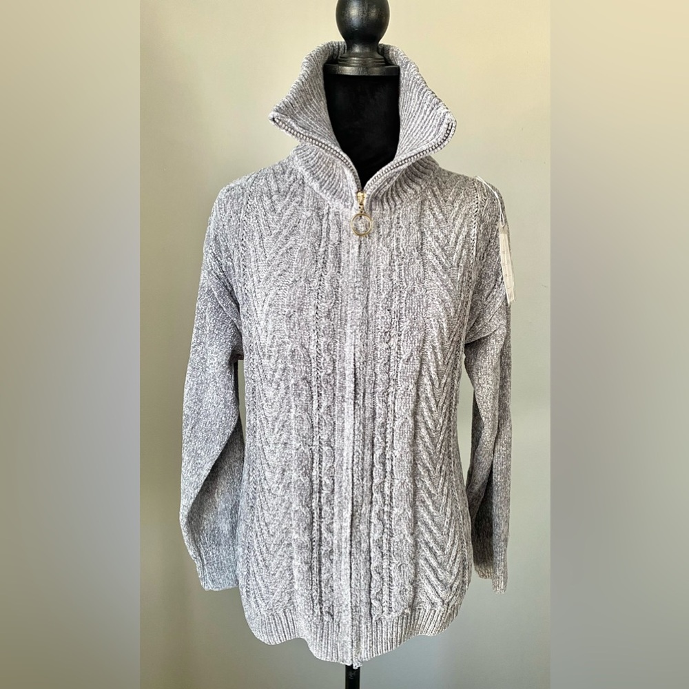 Grey Chenille Long Sleeve Collared Zip Cardigan